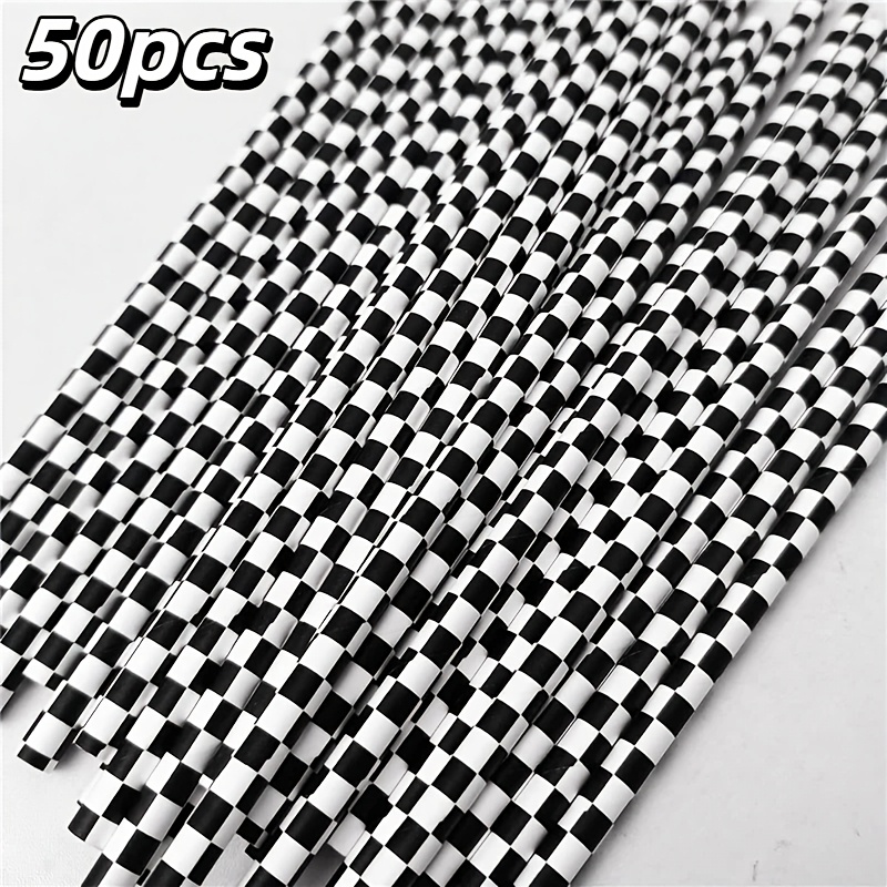 TEMU 50pcs Black And White Checkerboard Paper Straws, Classic Checkered Pattern Disposable Straws For Cocktail Parties, Racing Themed Events & Home