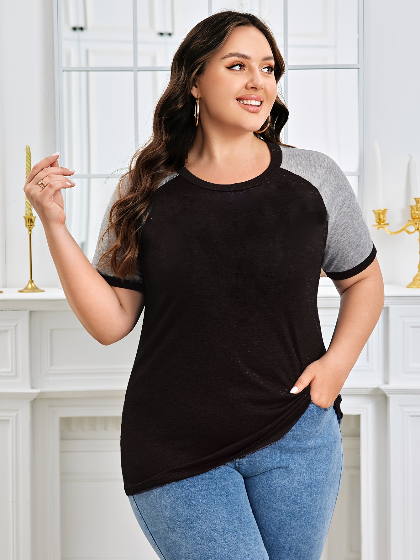 Plus Size Women's Summer Casual Raglan Color Block T-Shirt - Teal & Heather Grey Short Sleeve Loose Fit Tee, Breathable Round Neck Top for Casual Attire, Ladies T Shirts, Smooth Texture Shirt, Soft Fabric Tee