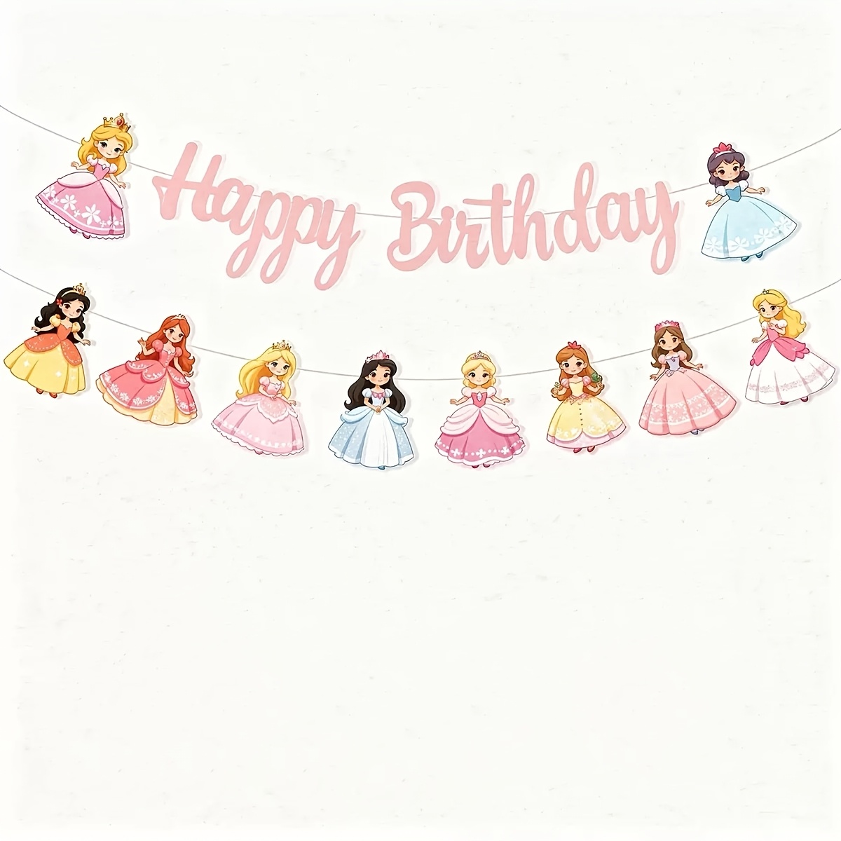 TEMU Bannière d'anniversaire Princesse Cartoon Rose, avec des de personnages de princesse, style rose, fournitures de fête de princesse et