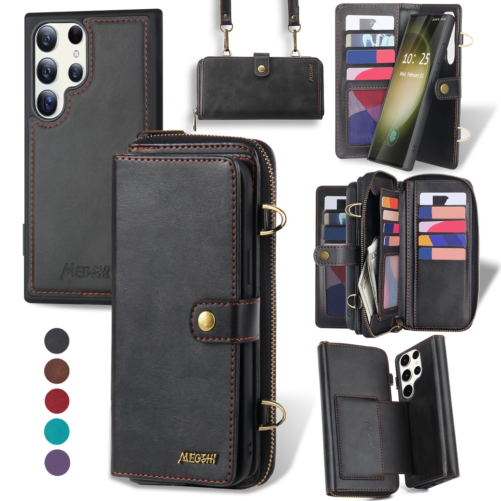

For Samsung Galaxy Wallet Case, Multi-function Wallet Case, Detachable 3 In 1 Magnetic Case Wallet, Flip Strap Zipper Card Holder Phone Case With Shoulder Straps