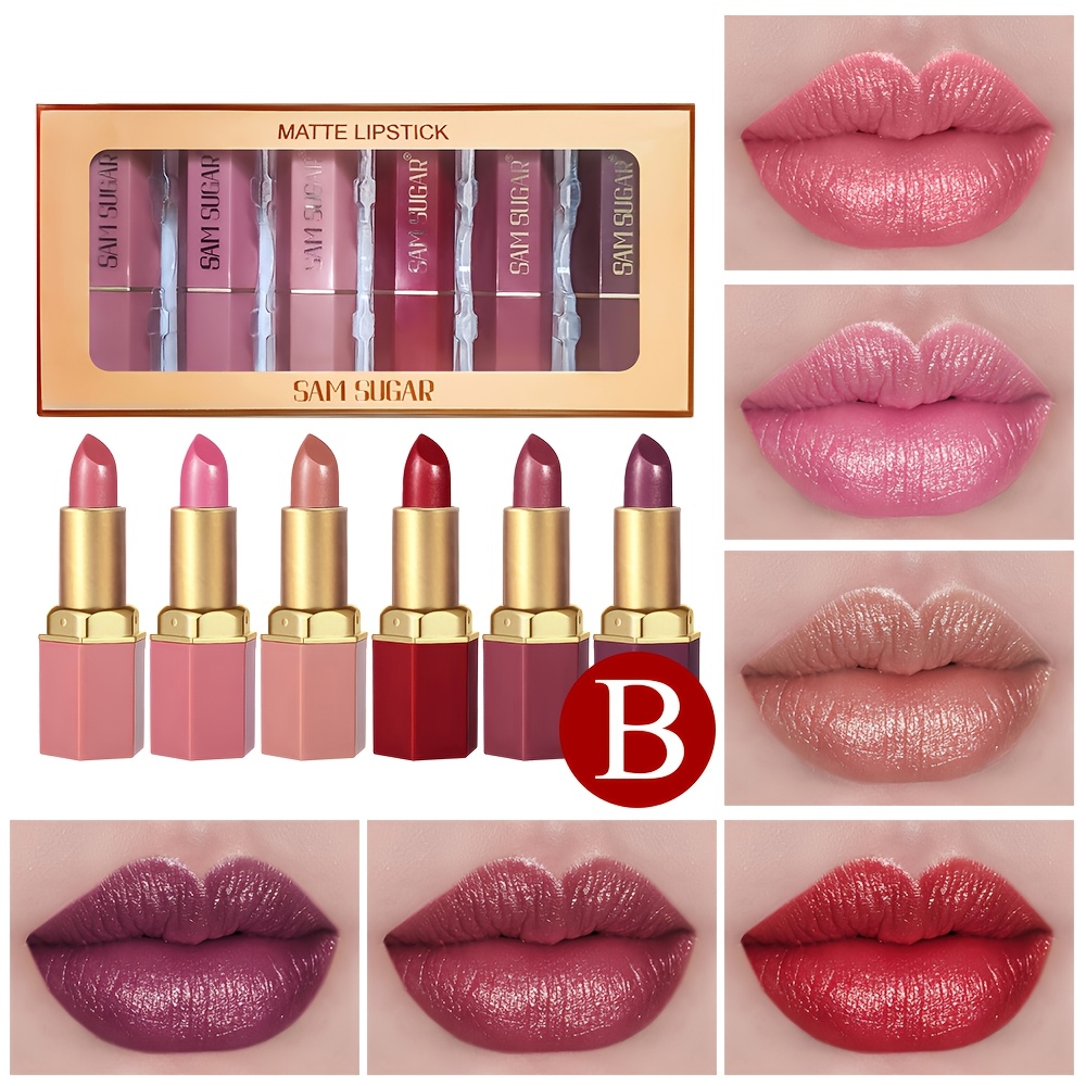 6pcs Velvet Matte Lipstick Set - Shimmer & Pearlescent , Red Tones For Types - Perfect Valentine's Gift
