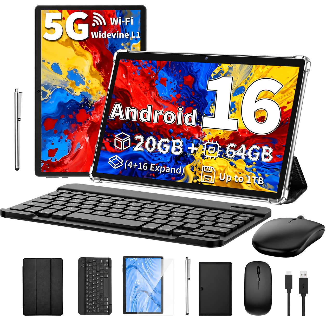 imagen del artículo tableta   de 2026, 20 gb (4+16)   + 64 gb rom,   1 tb de almacenamiento, 10.1 pulgadas, tableta wifi 5g, puerto tipo-c, pantalla táctil, tableta, pad, para   y regalo, pc tableta con tableta + teclado + ratón +   + lápiz óptico