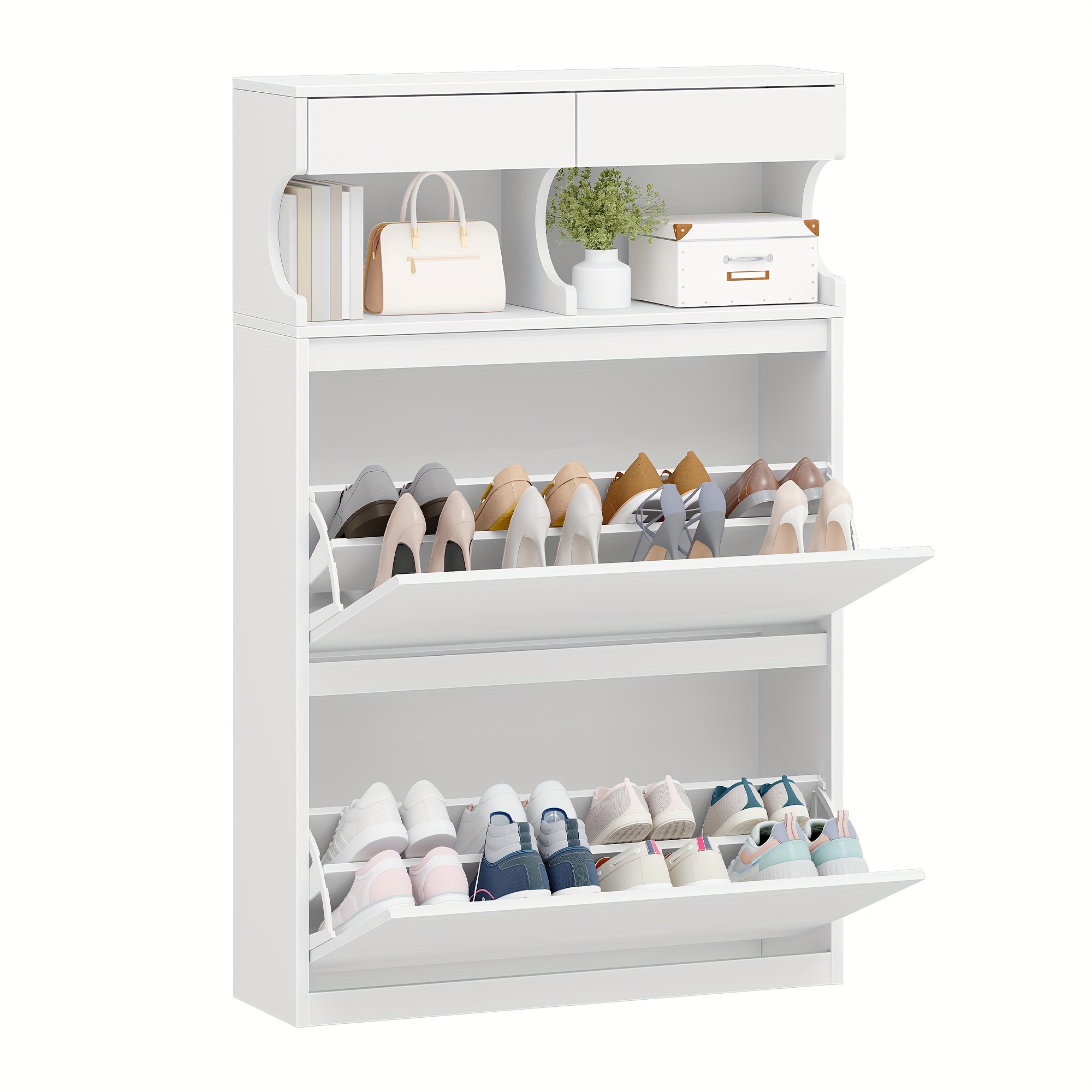 Shoe Storage Cabinet, Narrow Shoe Organizer Cabinet, Adjustable, 4 Compartments, 12-16 Pairs, Large Capacity For Entry, Hallway, , White