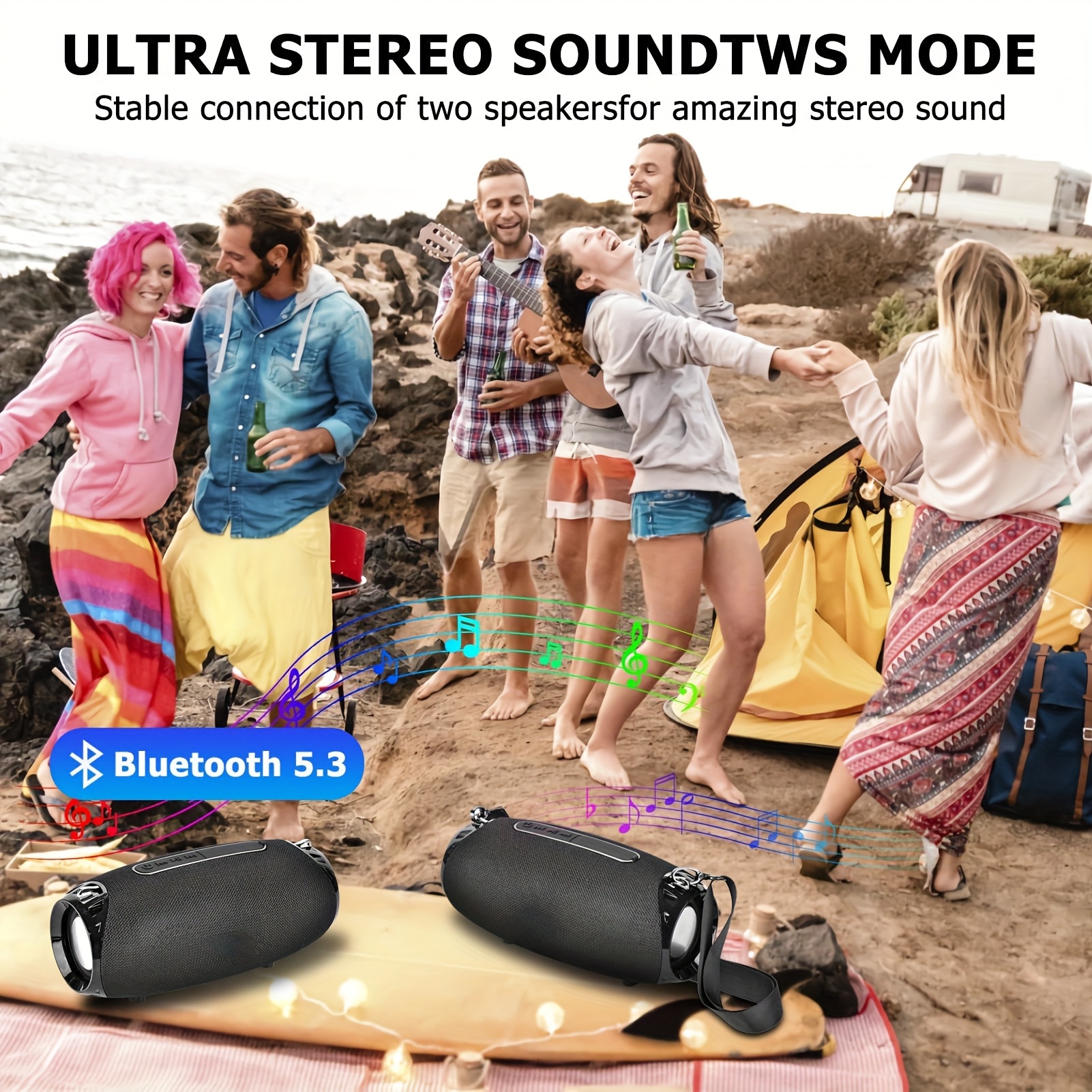 TEMU Wireless Stereo Speaker With Surround Sound | Portable Outdoor Bluetooth Speaker, 10h Playtime, Loud For Parties, Travel, And Camping