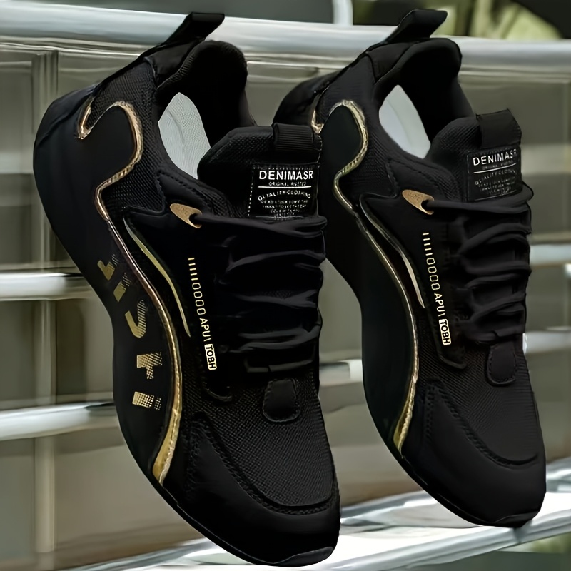 Tenis casuales de moda para hombre - corte bajo con cordones y detalles dorados, forro de tela transpirable y suela de PVC resistente, cómodos para todas las estaciones, uso diario y estilo urbano, calzado para exteriores, cordones elegantes, interior forrado en tela