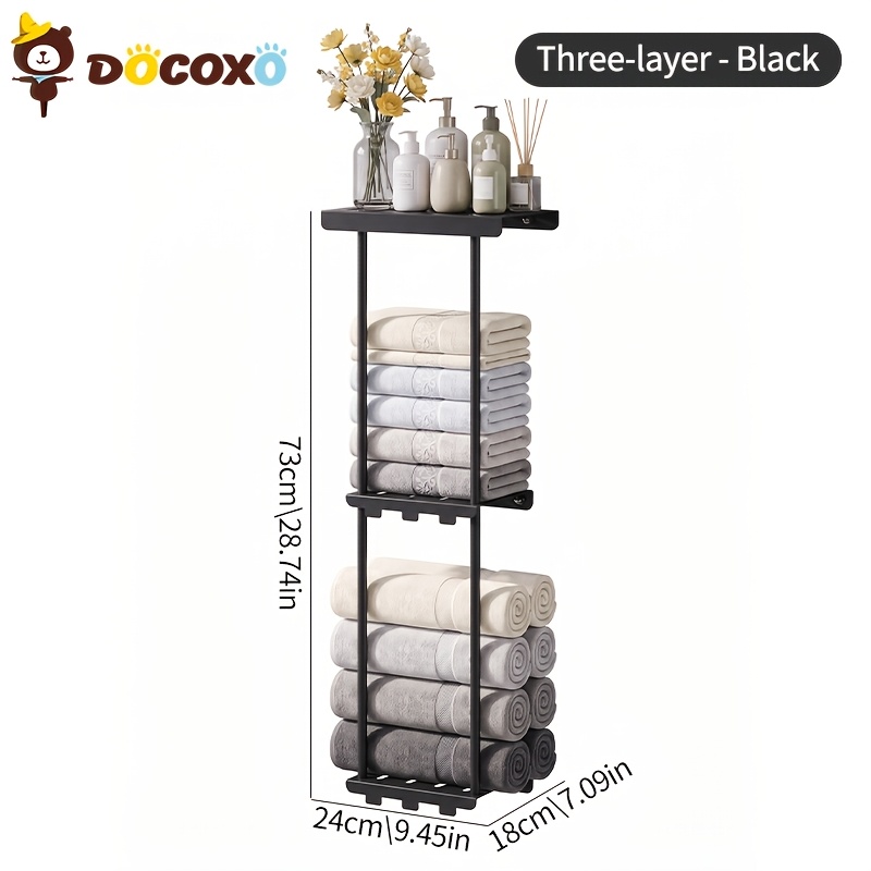 TEMU Black Metal Wall Mounted Towel Rack, Multi-tier Bathroom Towel Holder With Top Storage Shelf, Heavy Duty Wall Towel Organizer For Rolled Towels,