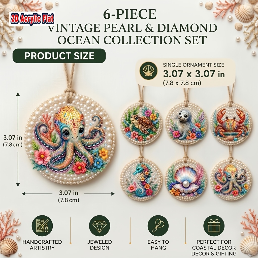 TEMU 2d Flat Ocean Theme 6pcs Diy Pearl And Diamond Painting Wooden Hanging Ornament Set- Includes Octopus, Turtle, Seal, Crab, Seahorse Designs,