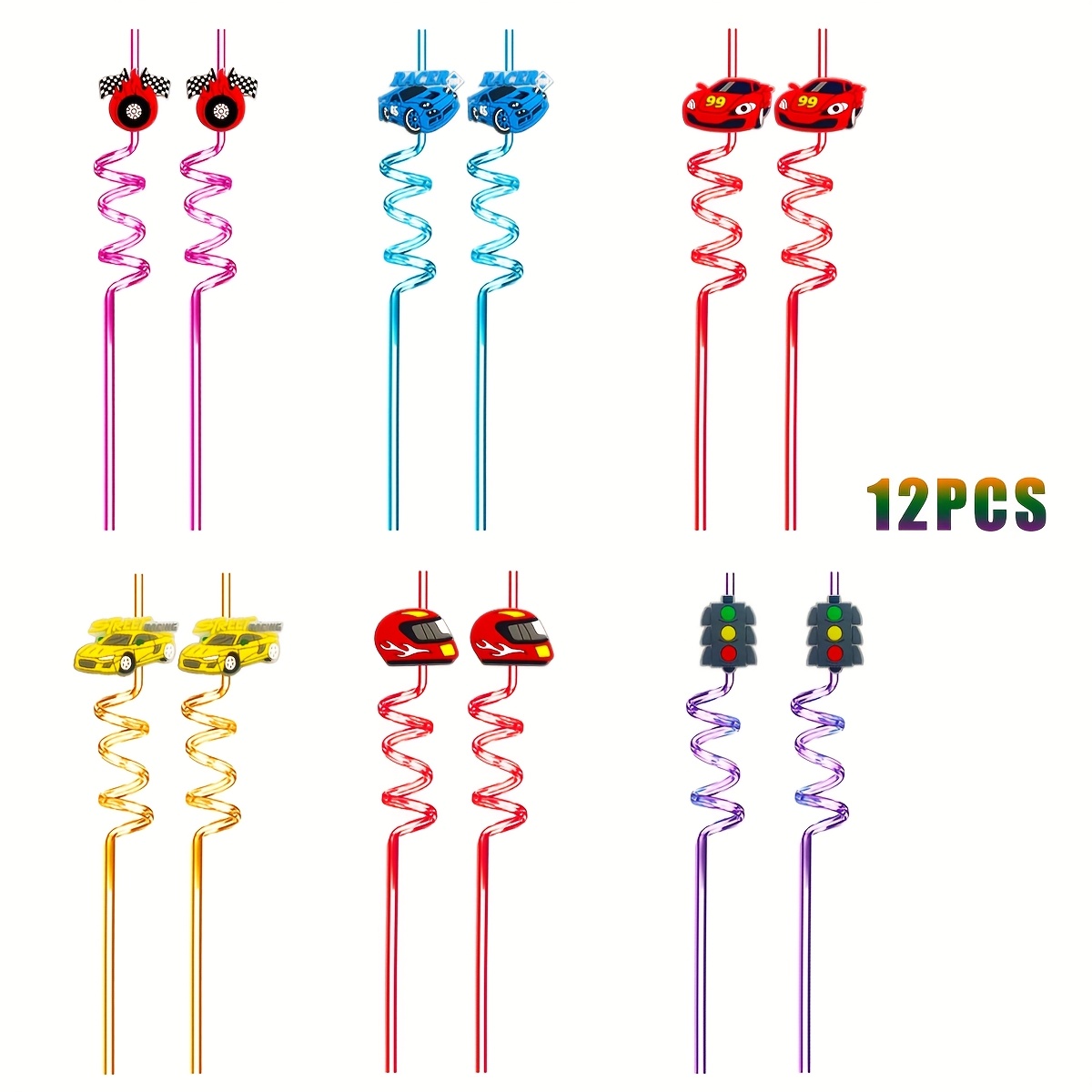 Image of 12pcs Racing Theme Straws Reusable Party Drink Milk Straws Racing Theme Birthday Party Straws Suitable For Party Decoration Small Gifts