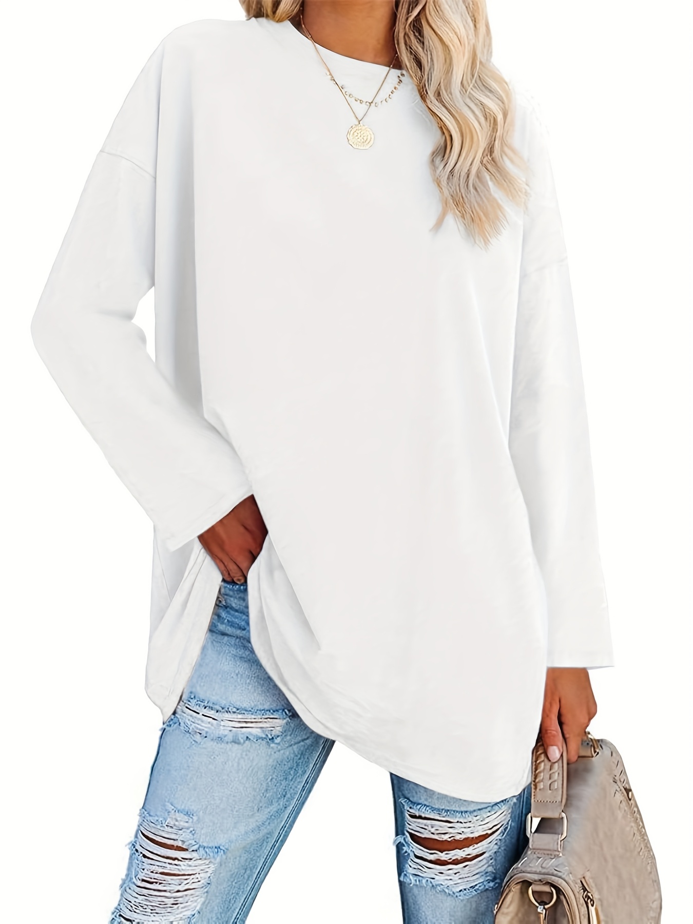Moterys ilga marškinėlė, oversize, ilgi rankoviai, apykaklė/T-Shirt/Puloveris/Pradinė tunika