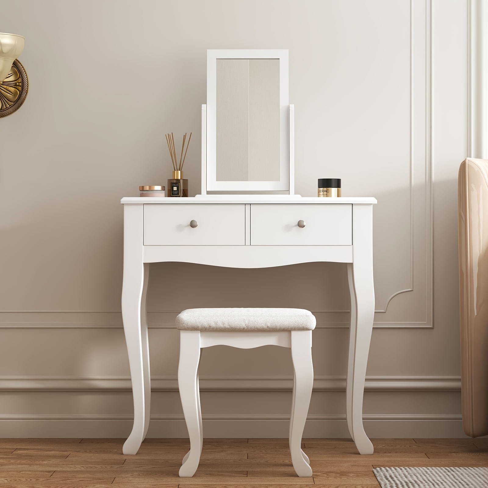 

Soges Vanity Dressing Table Set, 2-drawer Makeup With 360° Pivoting Rectangle Mirror And Cusioned Stool, Dressing Table Set, White