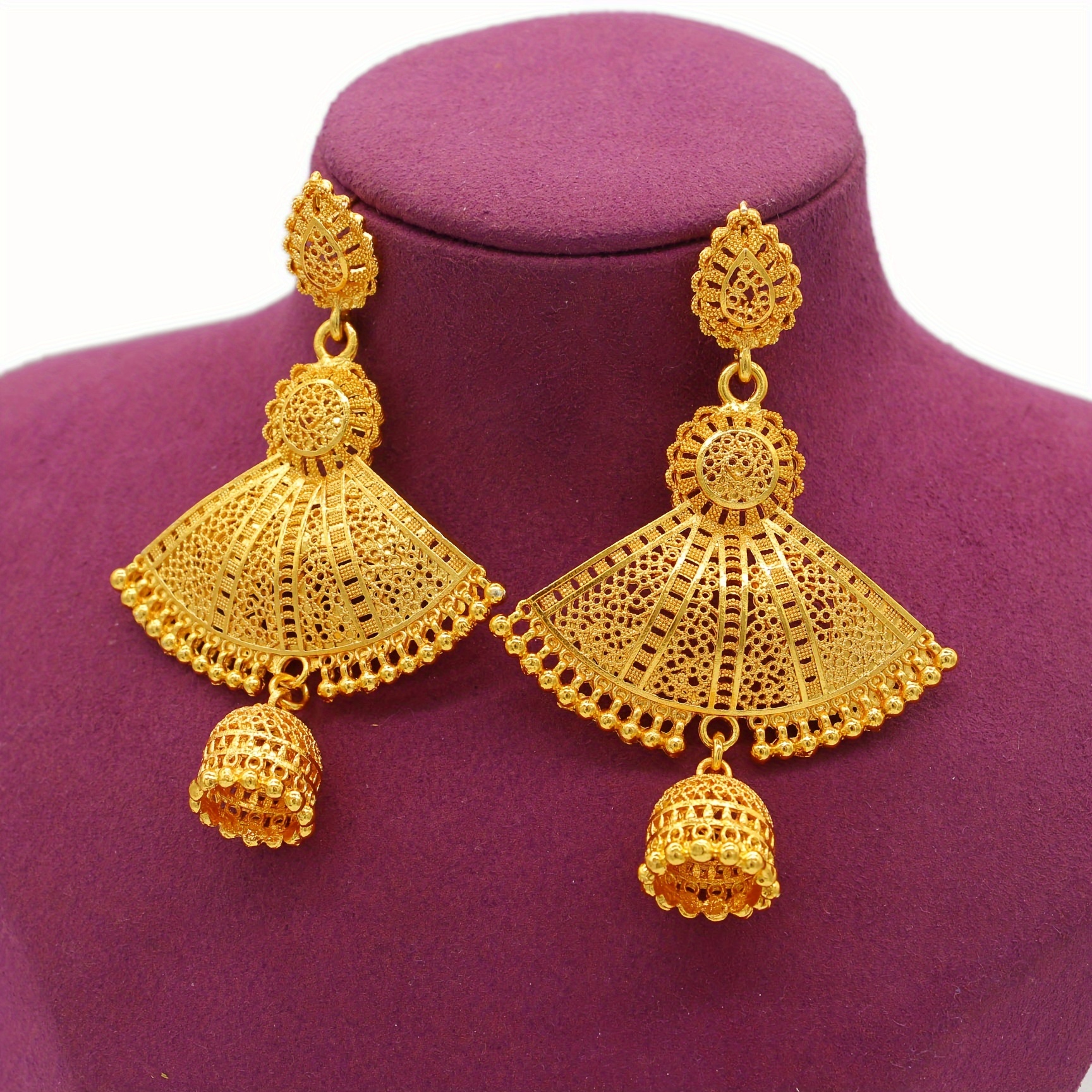 Women's Gold-Plated Fan Shape Earrings, Middle Eastern Style