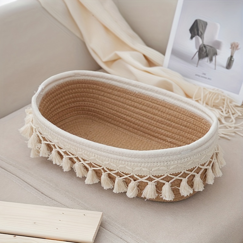 White/khaki Rectangular Tassel Storage Basket, Sundries Organizer Basket, Pastoral Style Living Room Storage Basket, Shelf Baskets
