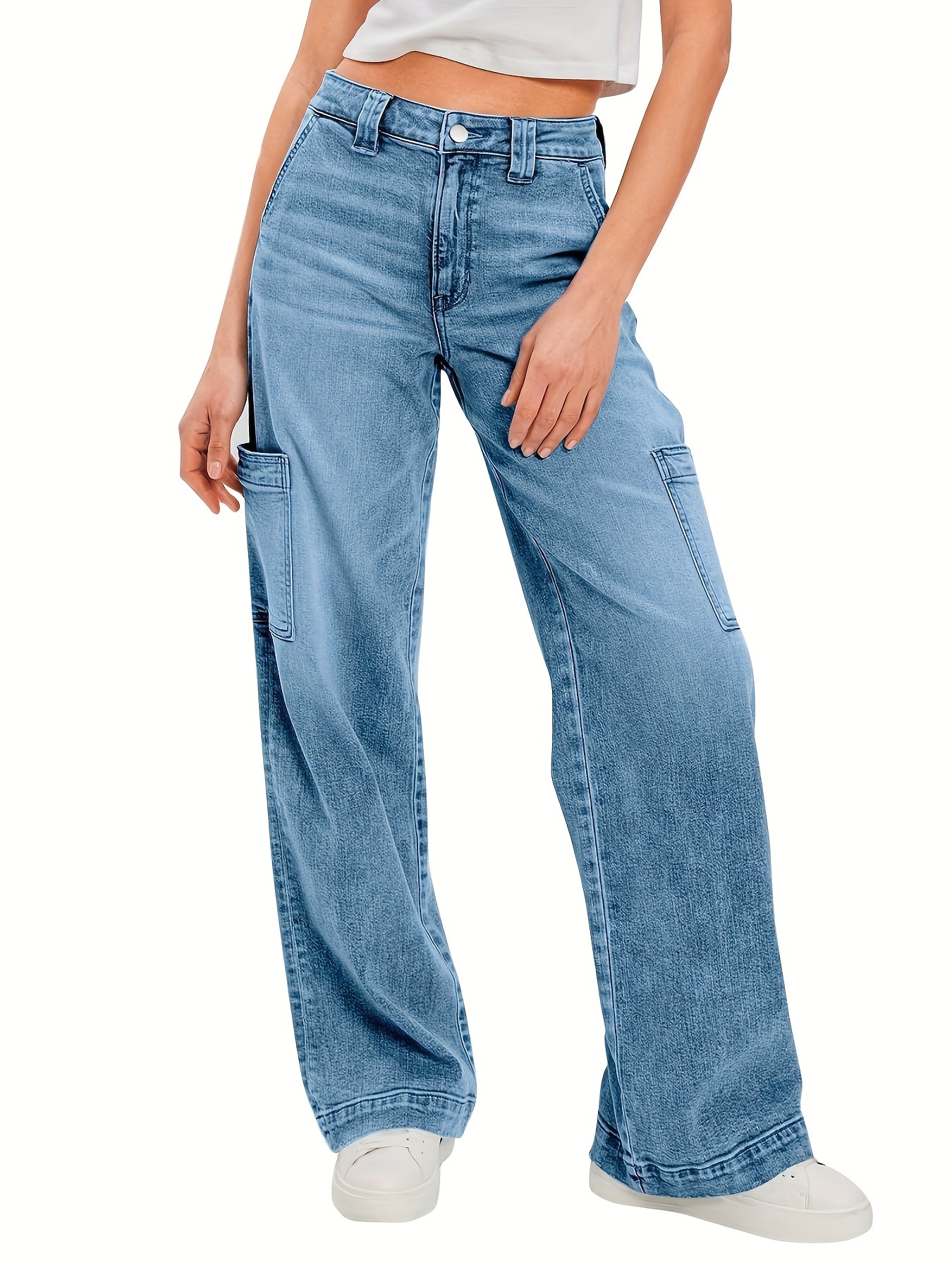 women's high-waisted cargo jeans, casual wide leg denim