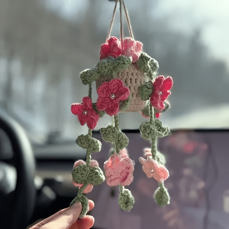 TEMU Gehaakte hangplant voor in de auto, gehaakte bloem, gehaakte , accessoires om aan de autospiegel te hangen, gehaakte monstera-plant, gehaakt