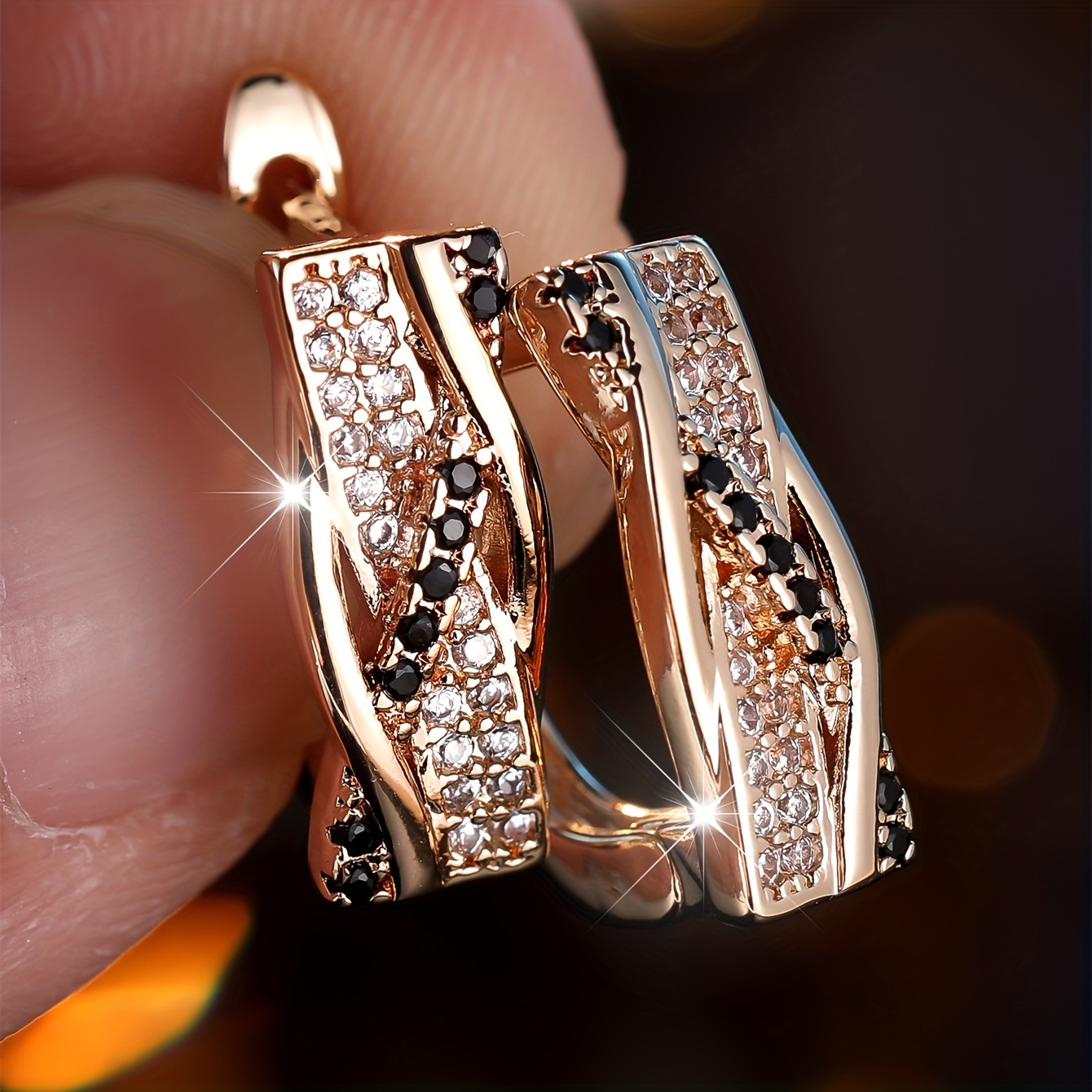 Image of Square Classic White Black Stone Full Dangle Earrings For Women Luxury Golden Color Wedding Fine Jewelry Gift For Pretend Play
