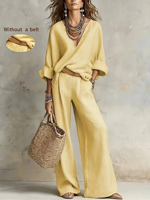 New Cross-Border Women'S Fashion Elegant Women'S Spring/Summer Solid Color Top And Straight Long Pants 2pcs Set