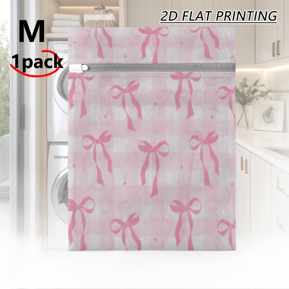 TEMU 1pc Zipper Mesh Laundry Bag, Reusable With Pink Gingham Soft Bow Print, Fit For Sock Separation And Textile Washing Storage, Laundry Bags