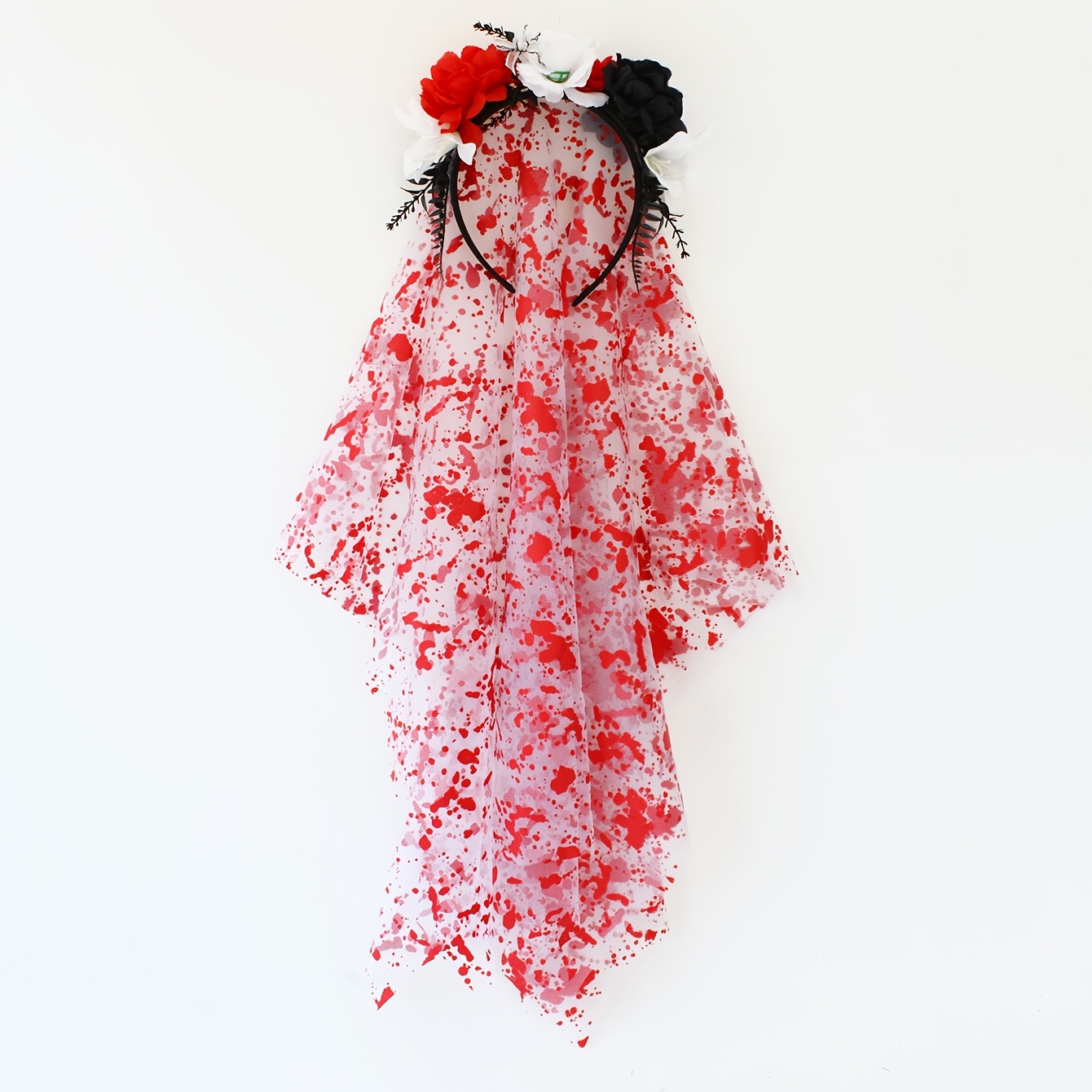 Image of 1pc Red White Black Artificial Flower Mesh Headband, Dark Horror Zombie Headpiece, Suitable For Halloween Costume, Gothic Themed Photoshoot, Horror Party Styling