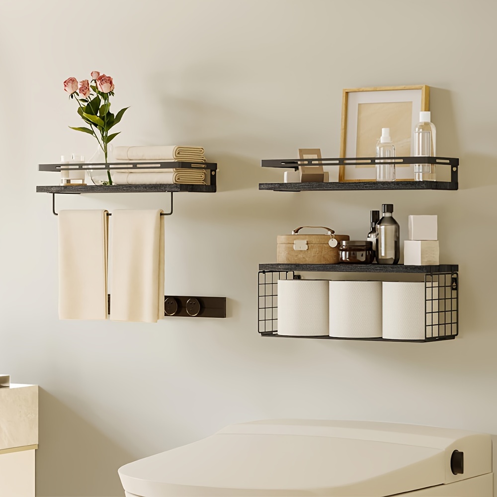 

3+1 Tier Wall Mounted Floating Shelves With Metal Frame, Bathroom Shelves Over Toilet With Storage Basket, Meet Your Decoration And Organization Needs, For Bathroom, Kitchen (black)