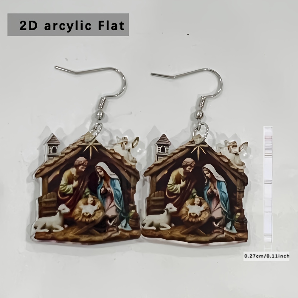 TEMU 2d Flat, [2d Flat]a Pair Of Acrylic 2d Flat Main Festival-themed Decorative Earrings, Featuring Exquisite Religious Elements And Christmas
