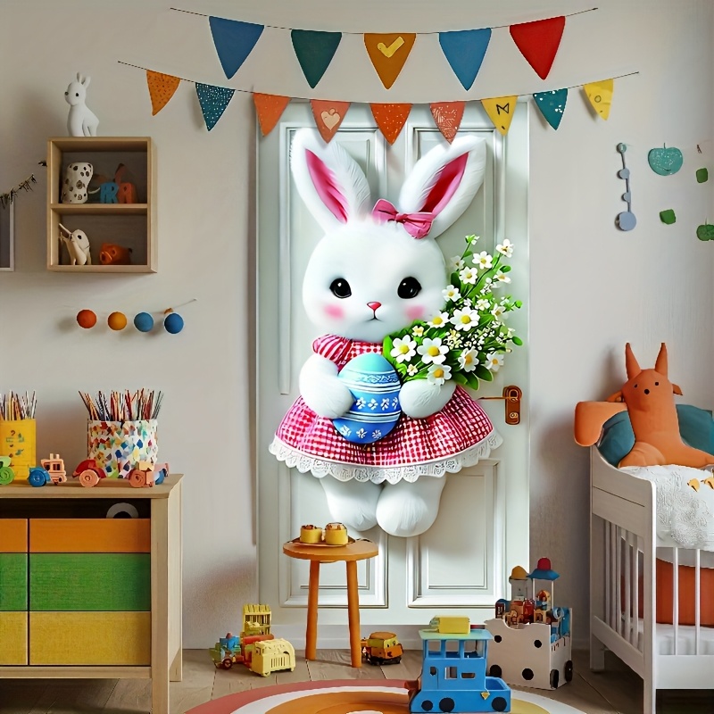 

2d Door Banner, 1pc Easter Bunny Door Banner, Polyester Pull Flag With Wreath Design, 35.4x70.8 Inches, Decoration For All , No Electricity Needed, Bunny Accessories