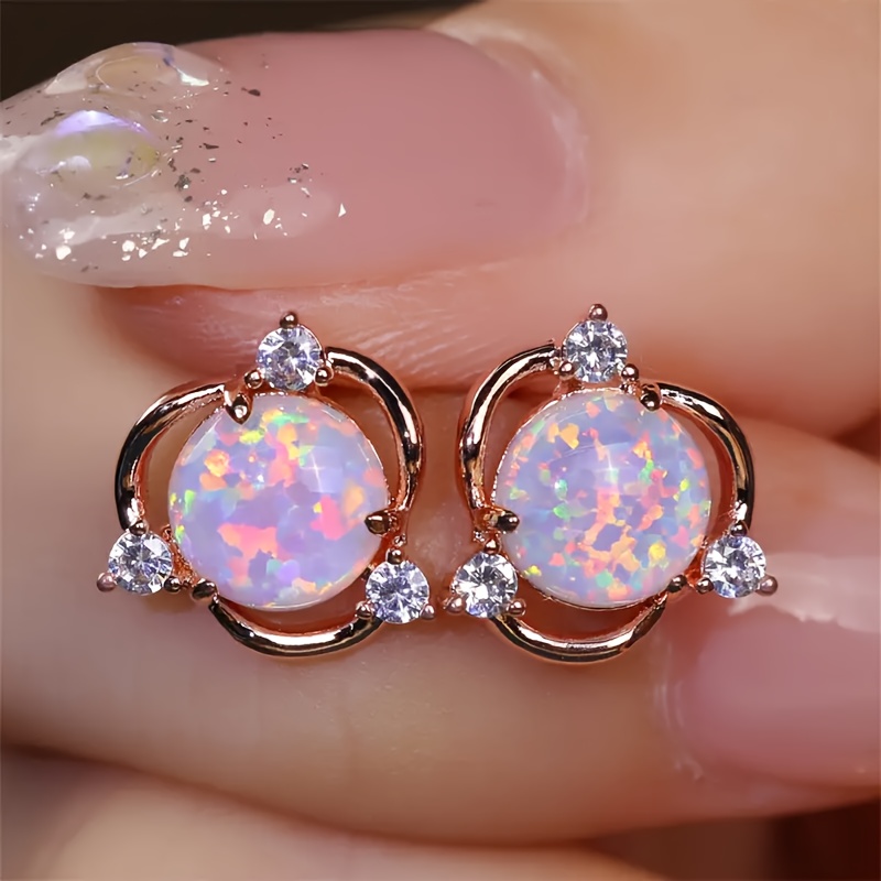 

Sweet Round Opal Stud Earrings Inlaid With Zirconia Stones, Small Flower-shaped Earrings For Women, Dates And Jewelry Gifts For Valentine's Day.