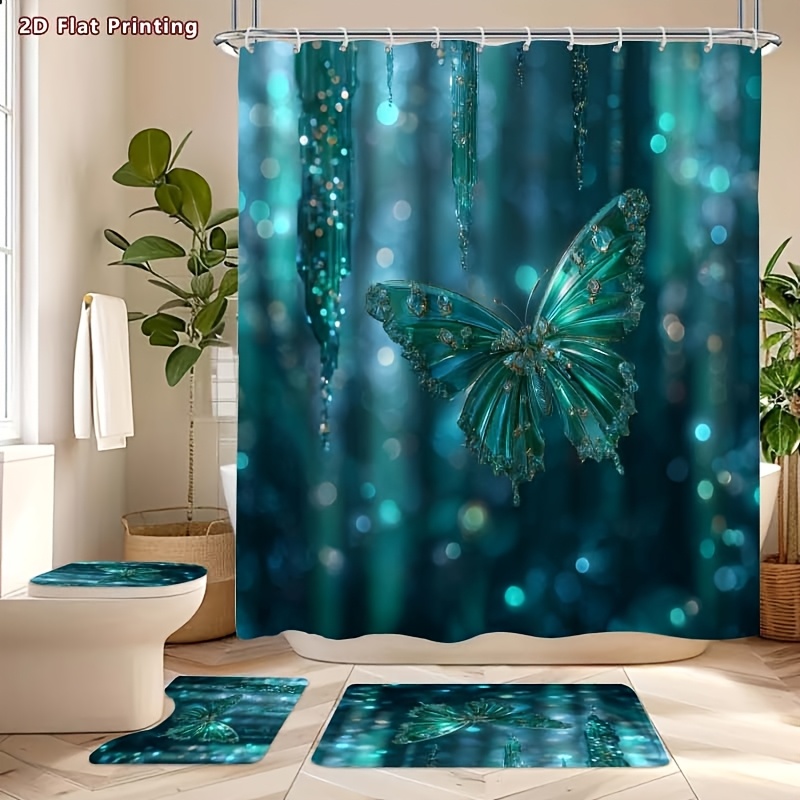 4pcs Dreamy Butterfly Shower Curtain Set with Bathroom Accessories