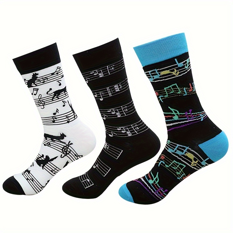 

3 Pairs Of Unisex Cotton Fashion Novelty Socks, Funny Music Tune Patterned Men Women Gift Socks, For Outdoor Wearing & All Seasons Wearing