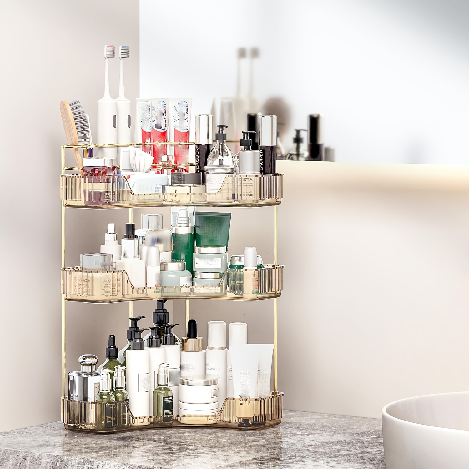 TEMU 1pc Large Capacity Two/three-layer Bathroom Corner Storage Rack, Cosmetics Storage Rack, Electric Toothbrush Storage Rack, Space Saving,