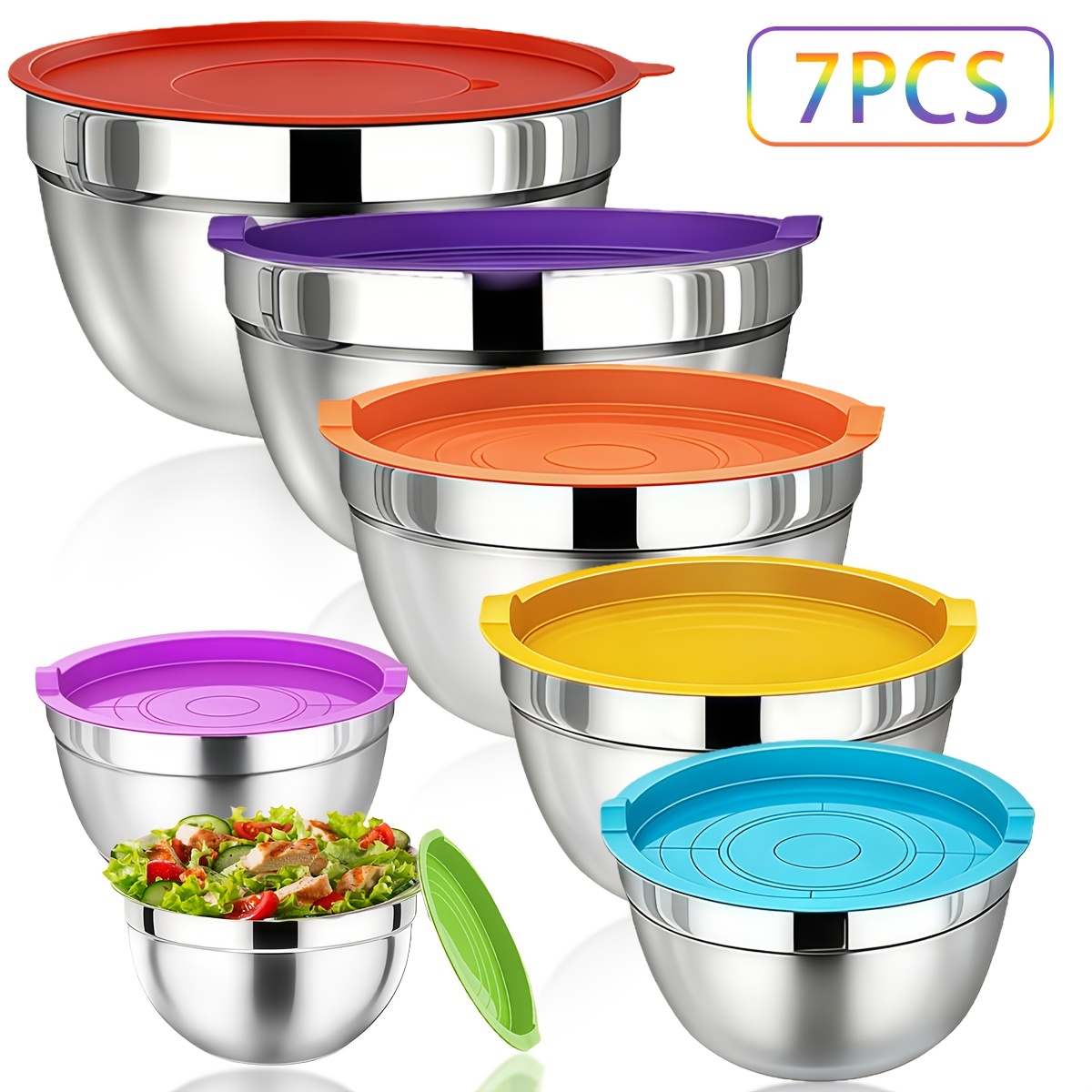 TEMU 7pcs Stainless Steel Nesting Bowls With Colorful Lids, Heavy-duty Durable Prep And Storage Bowls, Airtight Covers, Easy Clean, Perfect For