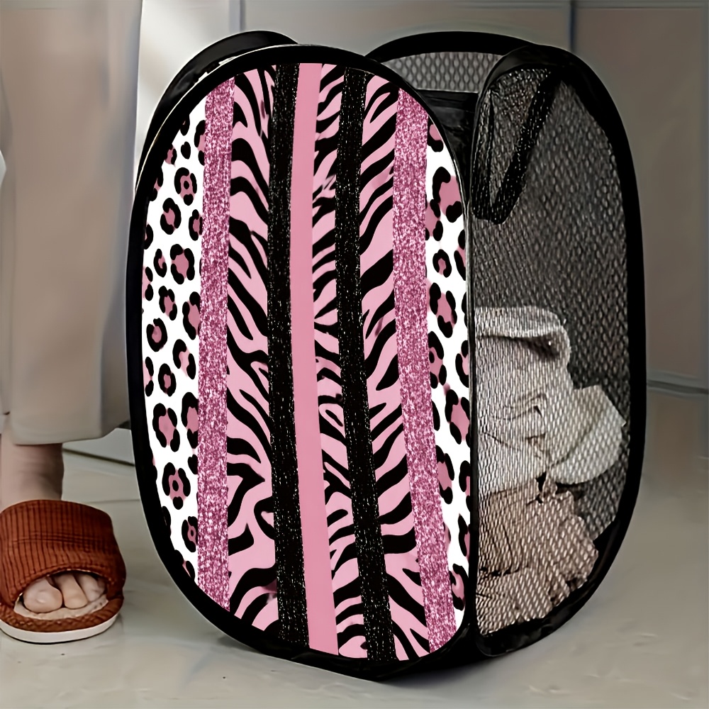 TEMU 1pc Pink Leopard Print Pop-up Laundry Hamper With Expandable Mesh Frame - Collapsible Clothes Suitable For Home,, Dorm, Office Storage,