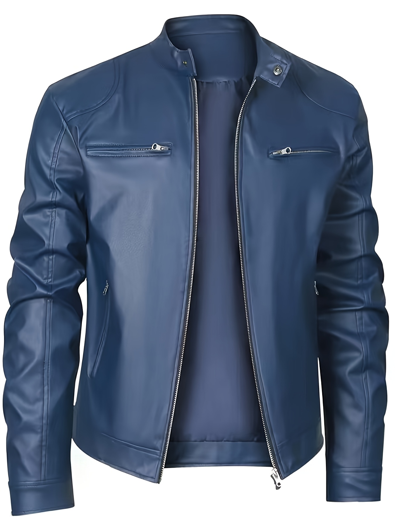 *'S Navy Blue Leather Stand Collar, Zippered Pockets, Long Sleeve,  Casual Stylish for Fall, Winter, and Spring, Casual Outerw - Main Image