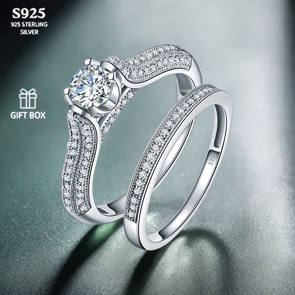 TEMU 2 Pcs Stylish S925 Sterling Silver Plated Simple Everything Classic Elegant White Round Zircon Wedding Engagement Ring