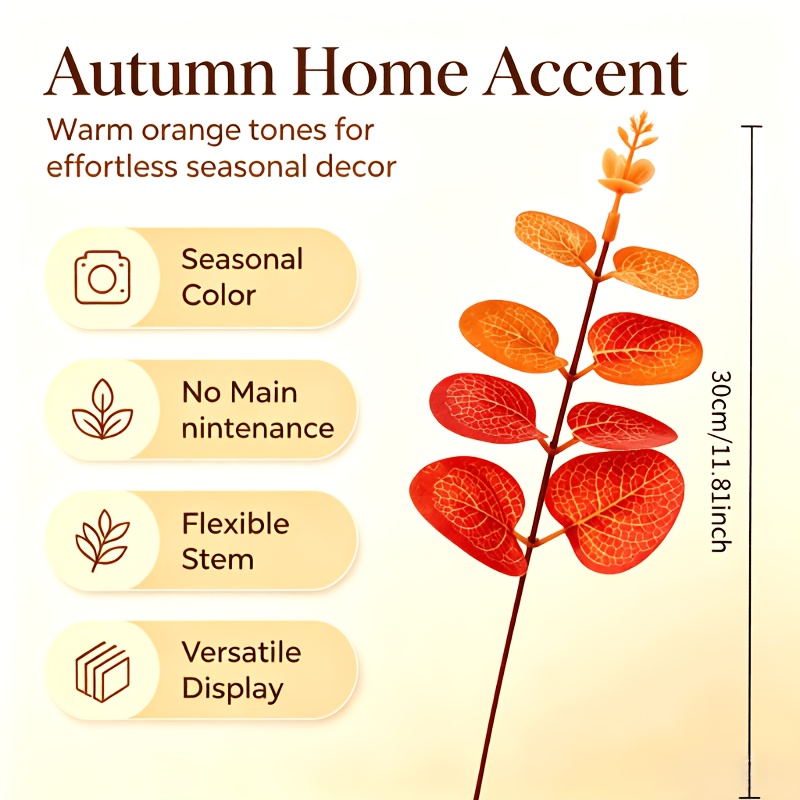 TEMU 9-pack Autumn-colored Faux Eucalyptus Leaves, Single Branch, Size 30cm/11.81inch, Vintage Orange-yellow Fabric Simulation Greenery, Perfect For