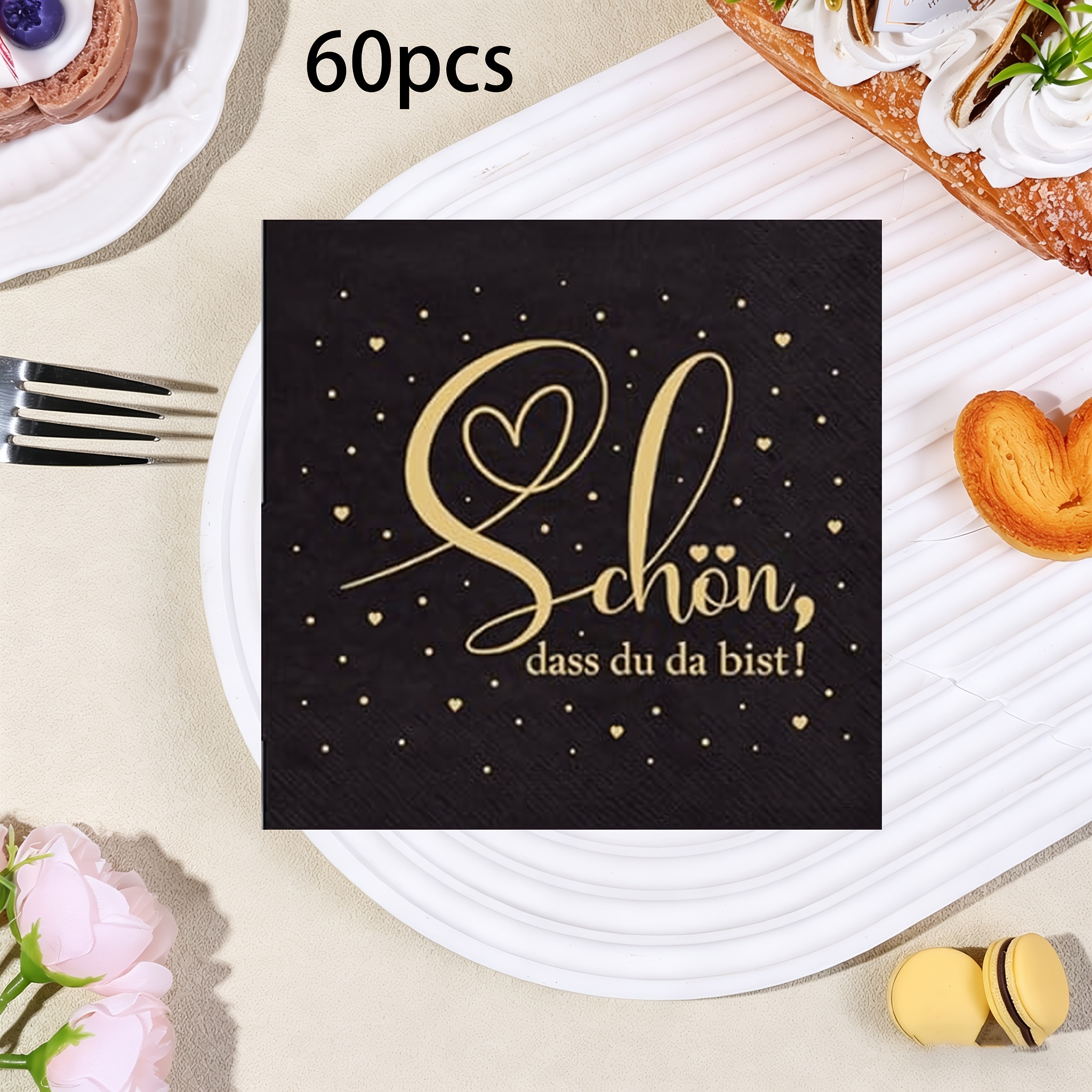 TEMU 20/40/60pcs, German Black Golden "schön Dass Du Da Bist" Napkins, 2-ply 13 Inch Disposable Paper Tissues With Loving-heart Print Elegant Party