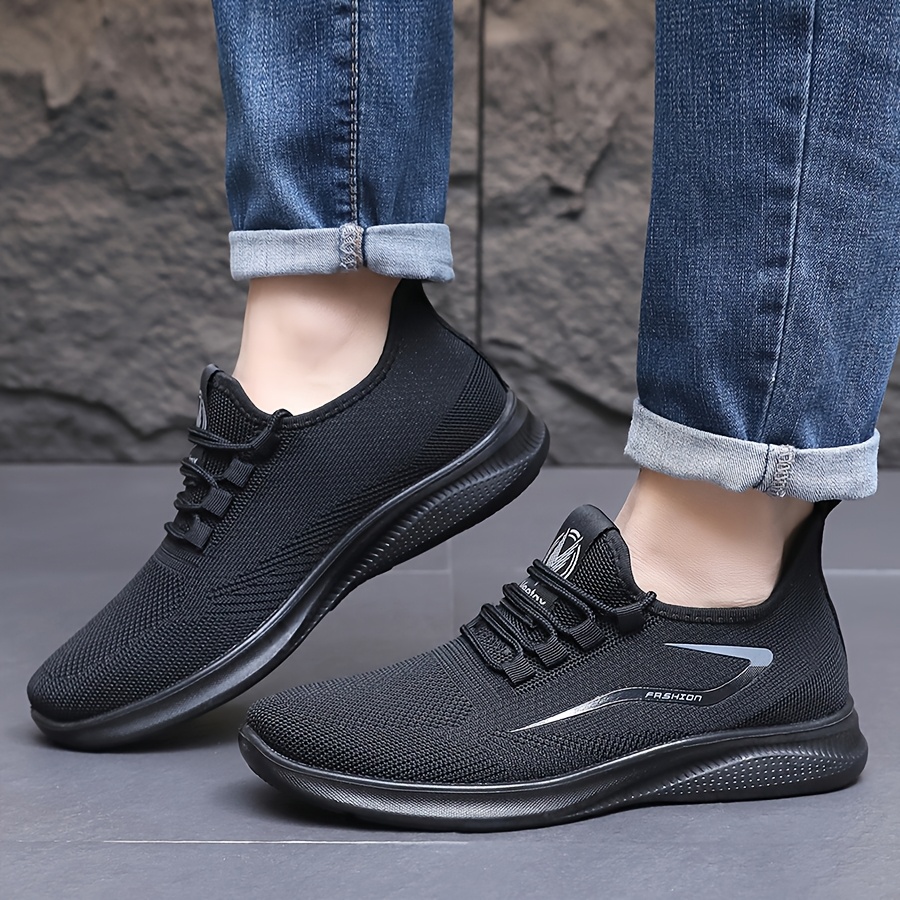 TEMU Men's Casual Sports Shoes, Breathable Knit Running Shoes, Lightweight Non-slip Athletic Shoes, Suitable For Gym, Basketball, And , Black With