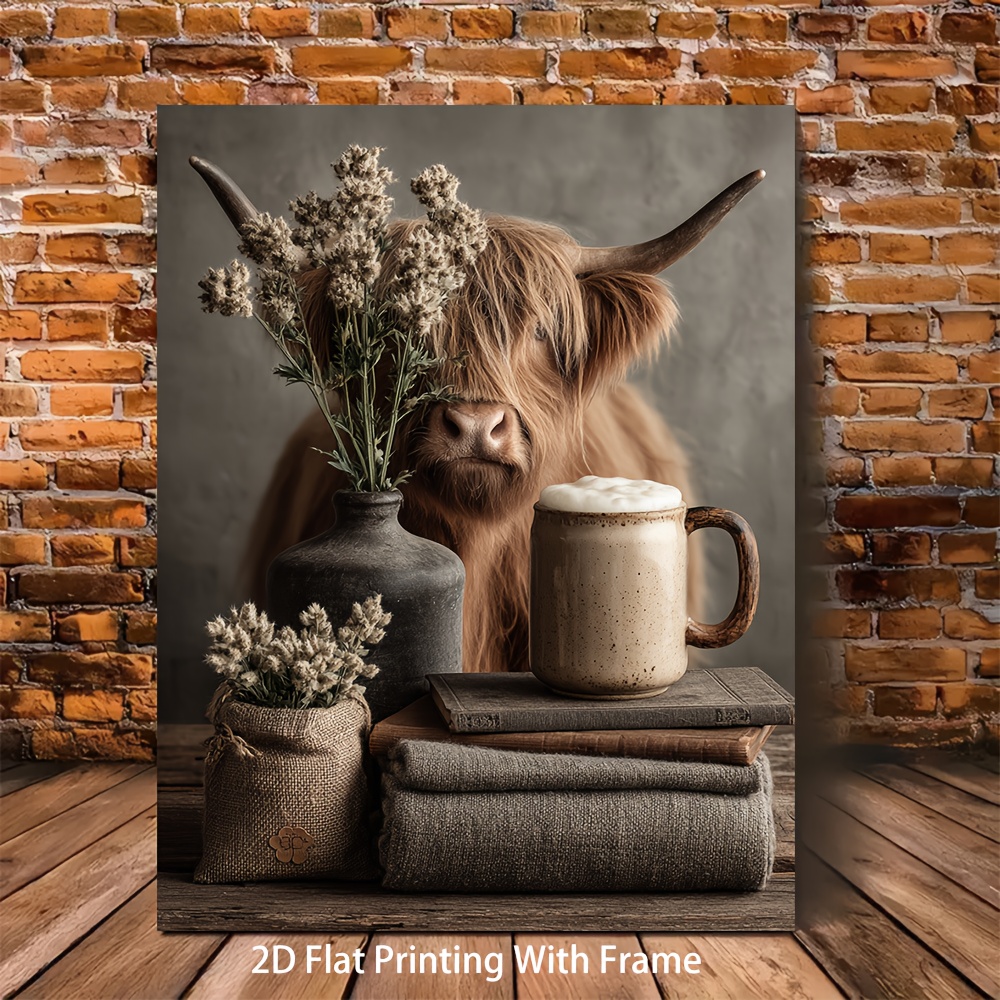 TEMU 2d Flat, 2d Flat, 2d Flat 1pc 2d Flat Art With A Frame, In Sizes 12x16 Inches Or 16x24 Inches, Featuring A Highland Cow With A Clover Scarf And