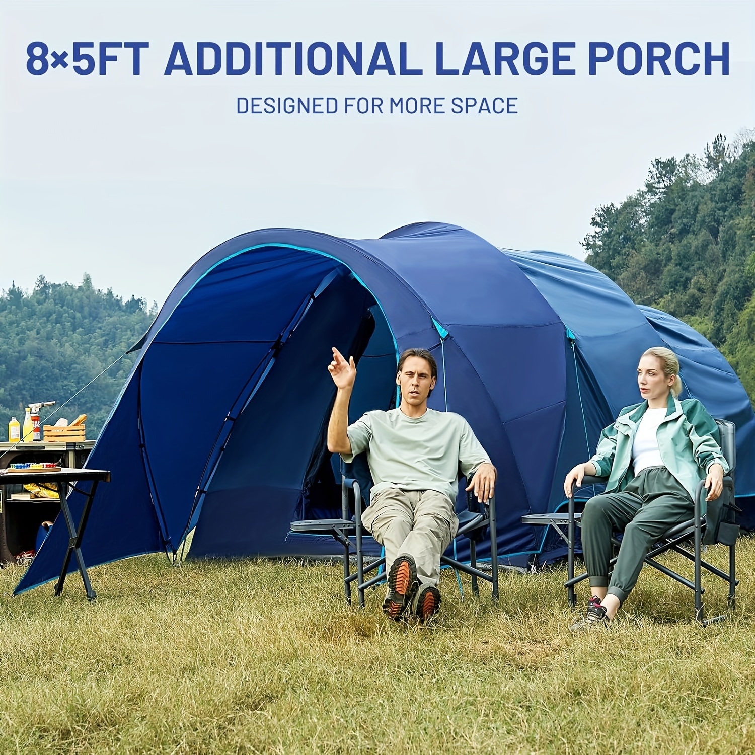 

8 Person Camping Tent With Large Porch, Portable Waterproof Windproof Family Tent With Carry Bag Room Divider, Easy Tent With Excellent Ventilation For Camping, 3 Season ((blue)