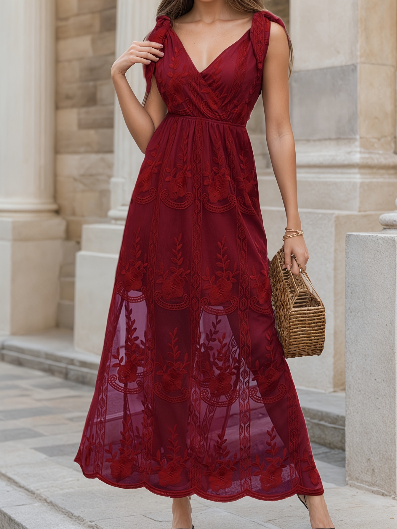 Damas Vestido Vino Encaje Encaje Vestidos De Fiesta Guinda Maroon Accesorios Vestido Guinda