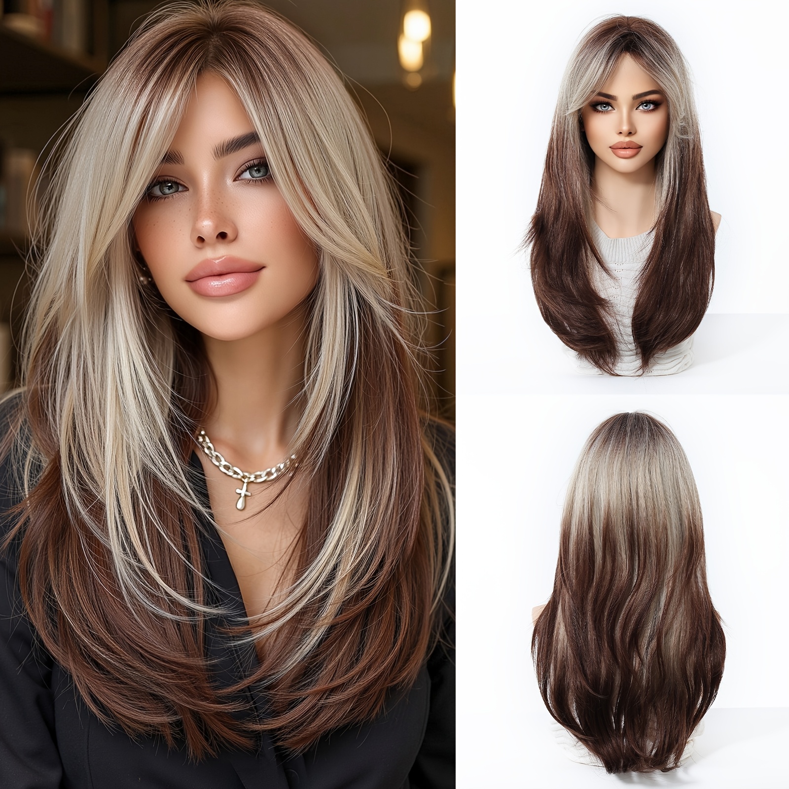 TEMU Wavy Long Wig: 20-inch Length Featuring Dark , A Gradual Fade, And Soft Blonde Highlights. A Fashionable And For Events And Suitable For All