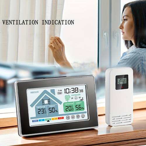 1pc weather station wireless indoor outdoor thermometer color display weather thermometer digital temperature gauge with barometer calendar battery powered and adjustable backlight