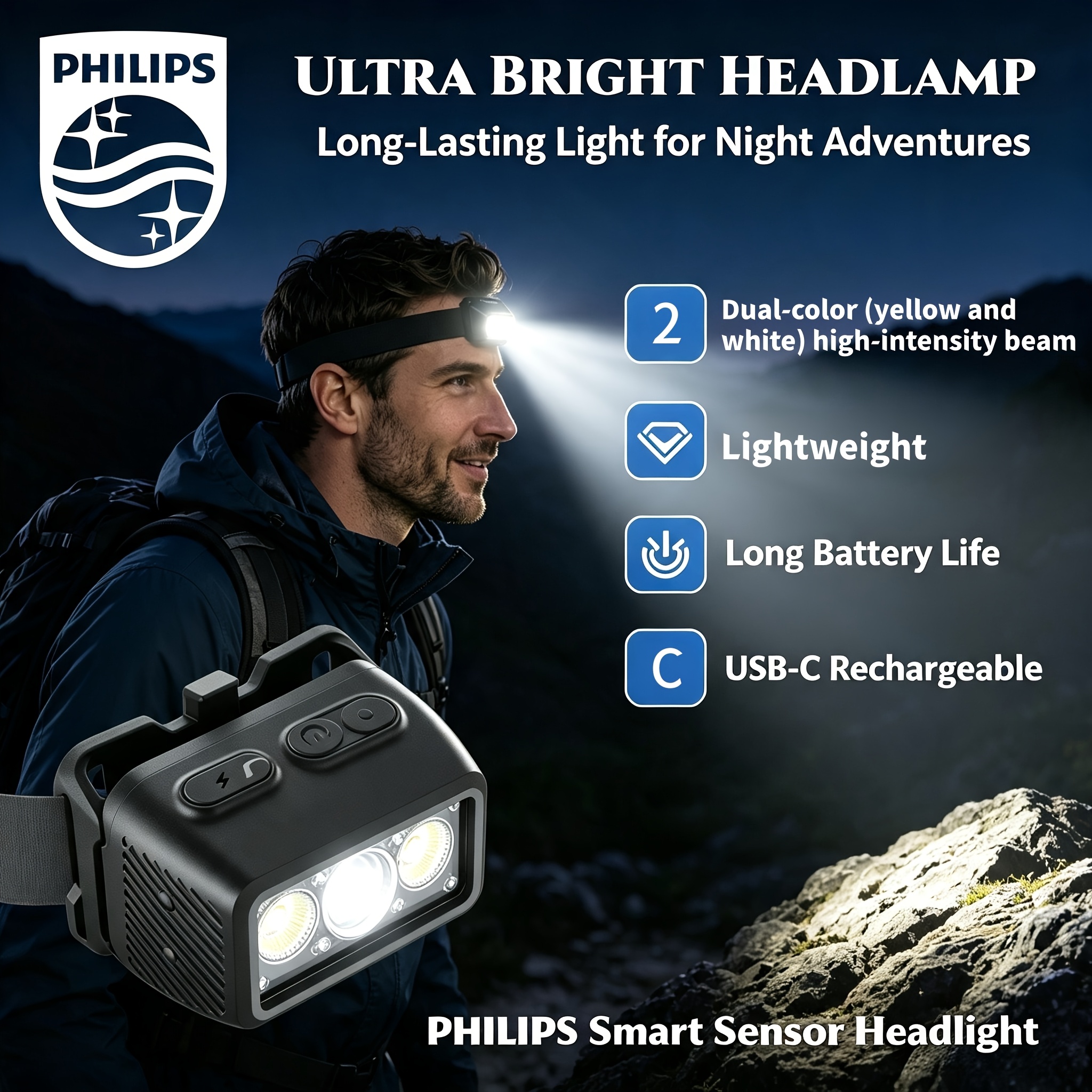 TEMU Lightweight Headlamp, Four-color , 12 Lighting Modes, Long , Headlamp, Red And Blue Warning Lights, Suitable For Outdoor Activities, Fishing,