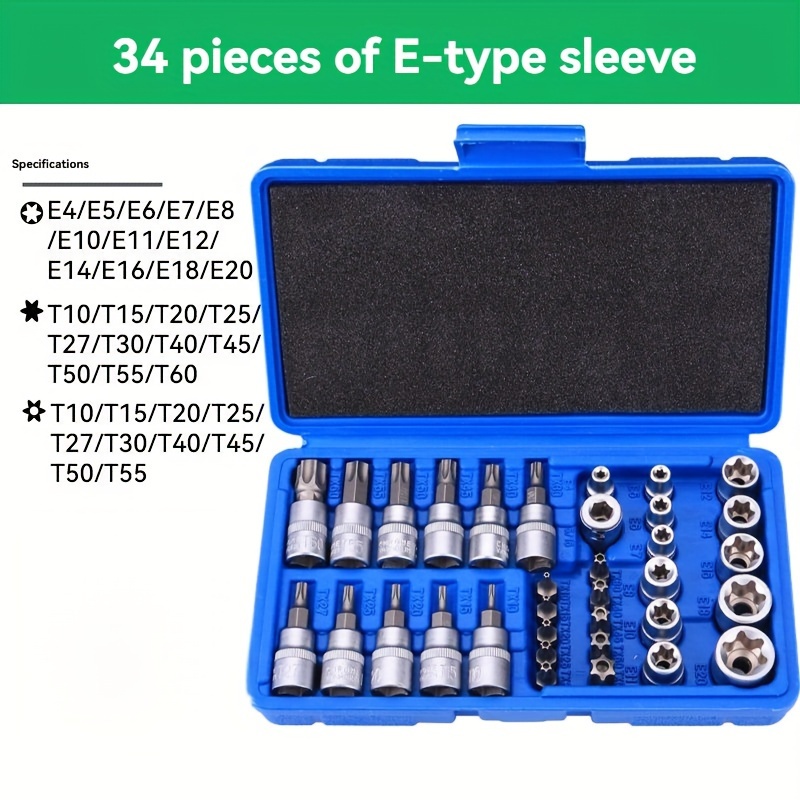 TEMU 34-piece E-type Socket Set With Hexagonal Pattern - Chrome Vanadium Steel Forging, Complete Specifications, Integrated Molding - Applicable To A Wider Range, Fastening Does Not Slip