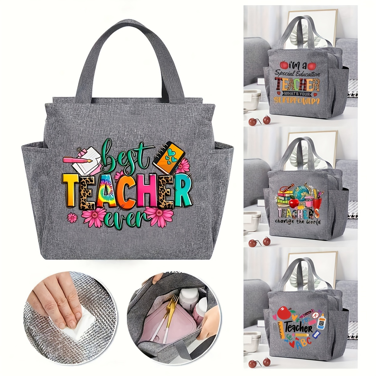 

Portable Insulated Lunch Shoulder Bag, Grey Polyester, Teacher's Organizer, Lightweight, Multifunctional, Zippered, No Lining, For Work, Picnic, School, Classroom Use