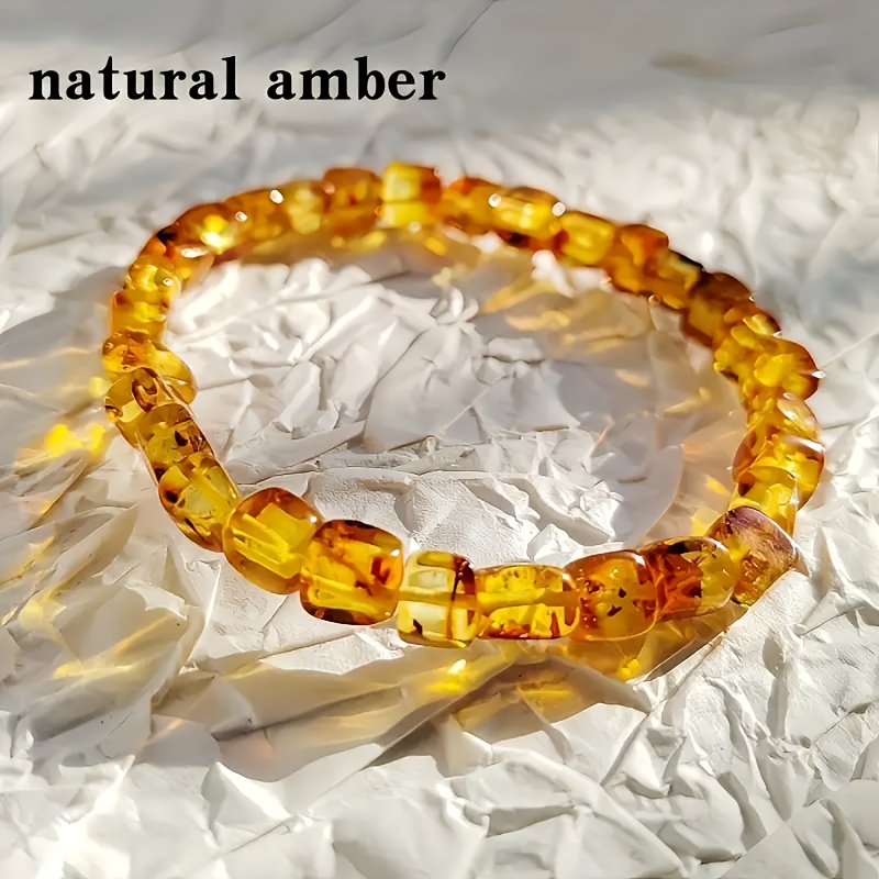 TEMU Amber Square Bead Bracelet - Geometric Pattern, Unisex Design, Durable Everyday Jewelry, Smart Casual & Formal Accessories, Shiny Beads