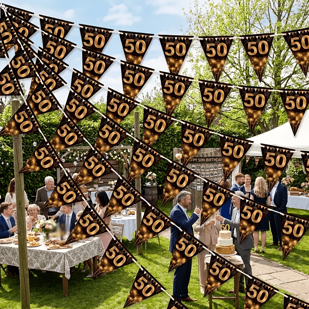 TEMU 12 stuks/24 stuks/48 stuks 50 jaar verjaardagsfeest banner, zwarte gouden driehoek vlaggenlijn voor 50e viering decoraties