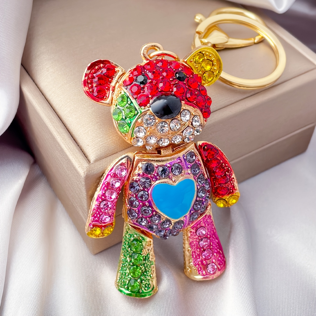Image of 1pc Fashion Colorful Bear Keychain, Rhinestone Metal Key Ring, Bag Charm, Gift For , Colleague Birthday Gift, Valentine's Day Gift, New Year Gift