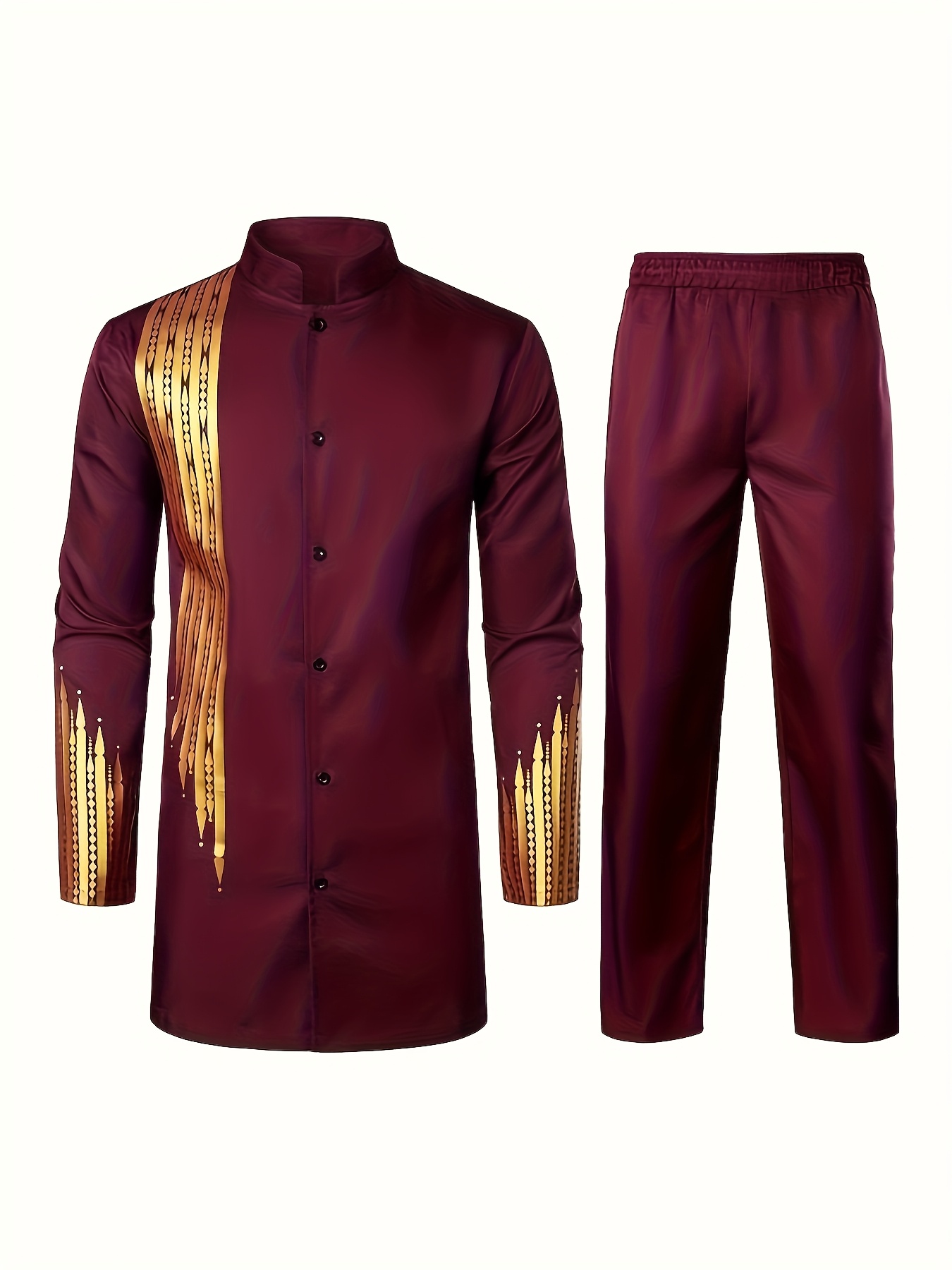 Men'S Casual Long-Sleeve Two-Piece Suit - Mid-Length Top & Trousers, Button Detail, Loose Fit, All-Season Wear, Traditional Cultural Attire, Formal & Everyday Outfits
