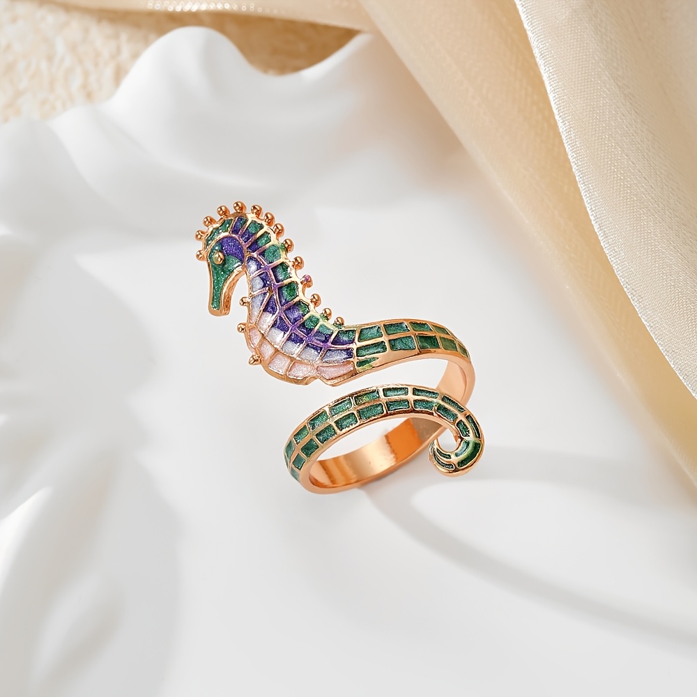 Alloy Seahorse Enamel Ring - Elegant Vintage Design With Blue And Golden Details, Perfect For Daily Wear, Valentine's Day Gifts, Parties, And Special Occasions