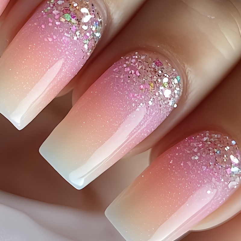 24pcs Spring And Summer Gradient Press-on Nails, With Glitter And Gradient Design, Full-coverage Medium Short Fake Nails Set, Removable And Reusable Nails, Suitable For Women